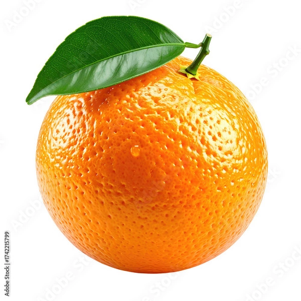Obraz A single ripe orange fruit with a fresh green leaf attached to its stem.
