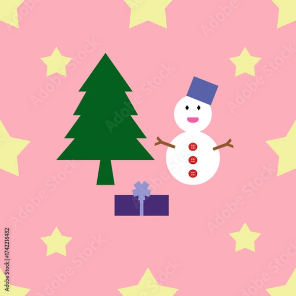 Obraz Seamless, A festive illustration featuring a snowman, Christmas tree, gift box, and stars on a pink background, perfect for holiday-themed designs.