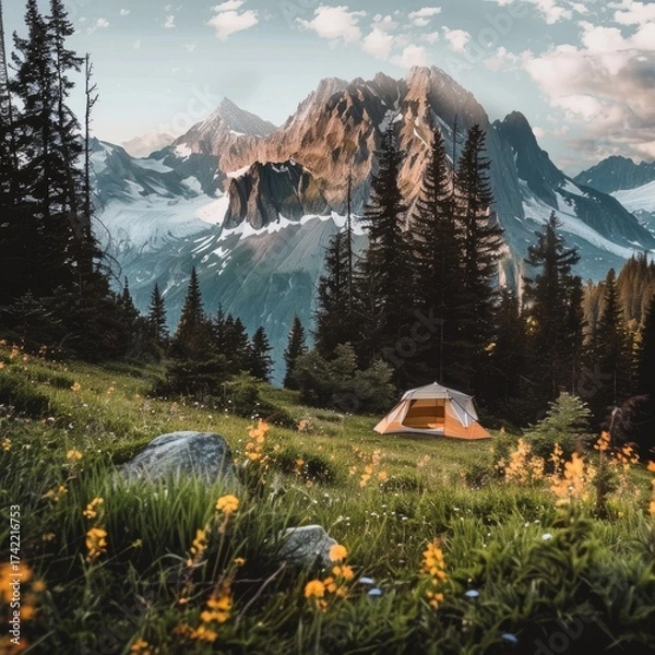 Fototapeta Peaceful camping in a mountainous area. A tent and a cozy campfire are located among the rocks against the backdrop of beautiful mountains and tall trees.