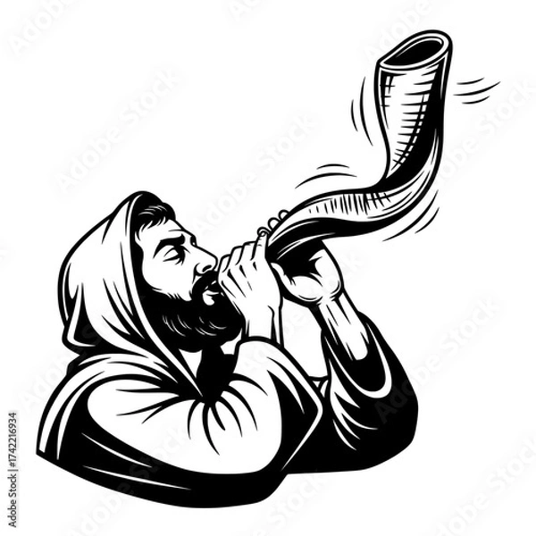 Fototapeta Wishing a blessed yom kippur , man blowing shofar in black and white vector illustration vector , icon