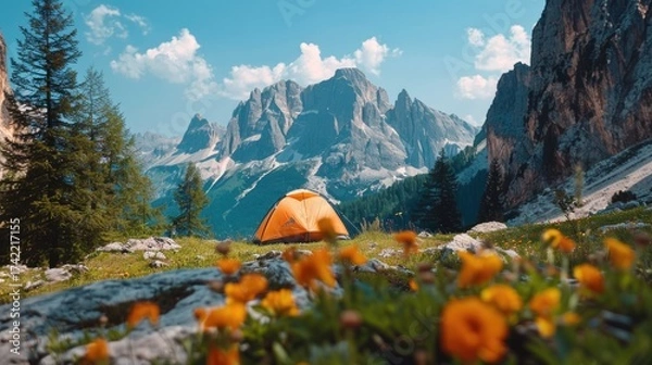 Fototapeta Peaceful camping in a mountainous area. A tent and a cozy campfire are located among the rocks against the backdrop of beautiful mountains and tall trees.