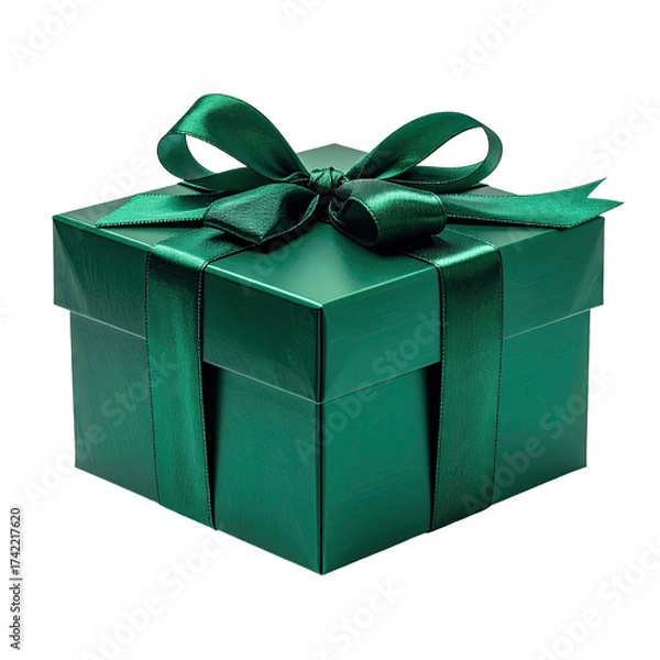 Obraz Elegant metallic green gift box with satin ribbon bow.