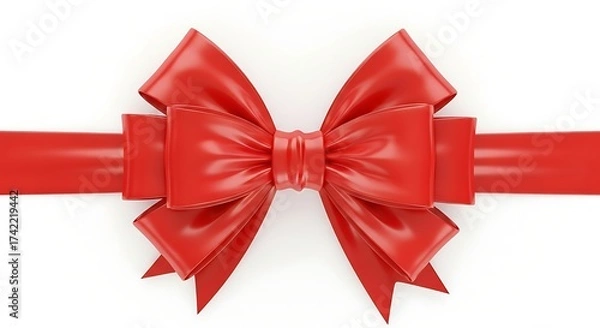 Fototapeta Vibrant Glossy Red Satin Gift Bow with Horizontal Ribbon Isolated on Pristine White Background.