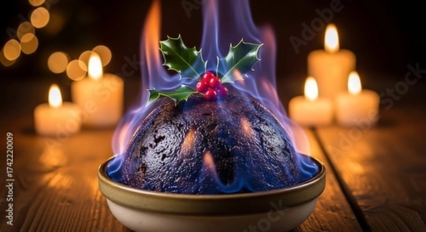 Fototapeta Flaming Christmas Pudding with Holly Berries and Candlelight Glow.