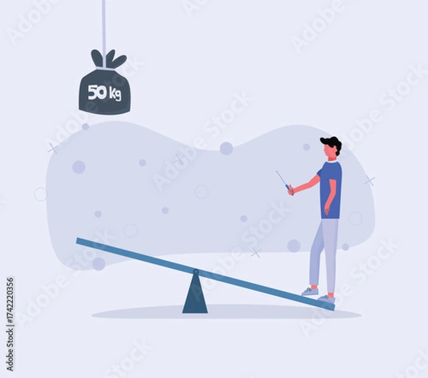 Obraz Man on seesaw ready to drop weight with remote controller to Launch himself. throw high