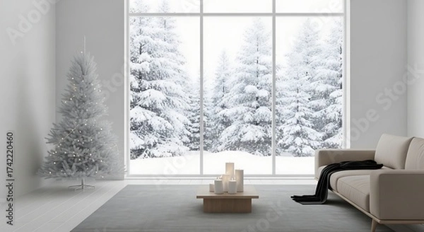 Fototapeta Ethereal Winter Calm - Minimalist White Interior with a View of Snowy Pines.