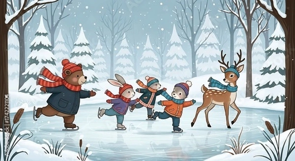 Fototapeta Whimsical Winter Wonderland - Adorable Animals Ice Skating Joyfully in a Snowy Forest Scene.