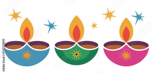 Fototapeta Three colorful traditional indian diyas illuminated with bright flames and sparkling stars