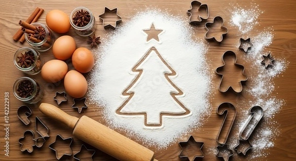 Fototapeta Rustic Christmas Baking Prep - Flour Tree Outline, Spices, Eggs, and Cookie Cutters on Wood.