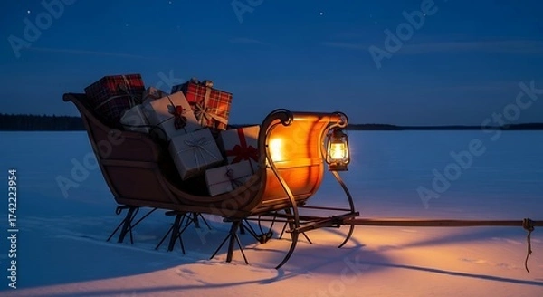 Fototapeta Enchanted Sleigh with Warm Lantern Light on Vast Snowy Expanse at Dusk.