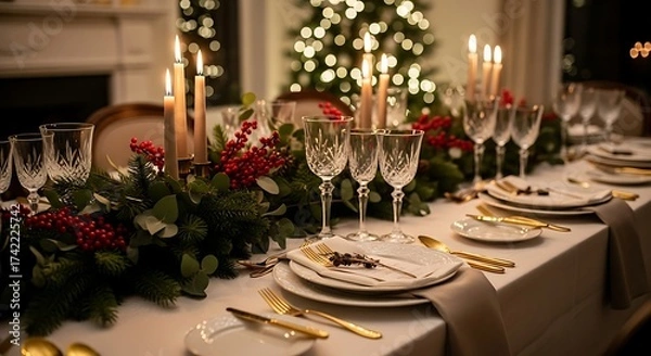 Fototapeta Festive Elegance - A Candlelit Christmas Dining Table with a Glowing Bokeh Tree.