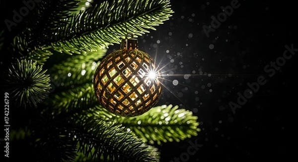 Fototapeta Golden Lattice Ornament Shines on Evergreen Branch Against Dark, Sparkling Backdrop.