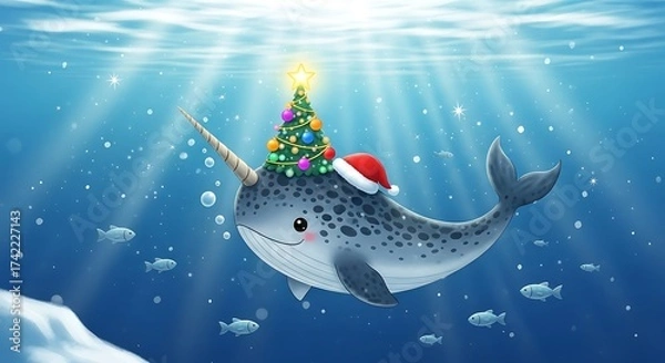 Fototapeta Whimsical Christmas Narwhal with a Glowing Tree Tusk in a Sunlit Arctic Ocean.