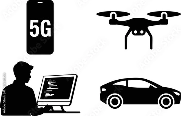 Fototapeta Modern technology icons: 5G, drone, programmer, and electric car symbolizing connectivity and innovation.