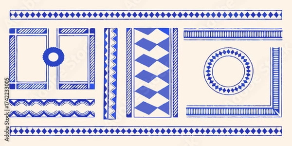 Fototapeta Collection of blue ethnic decorative borders and frames with diamond and geometric patterns on a cream background