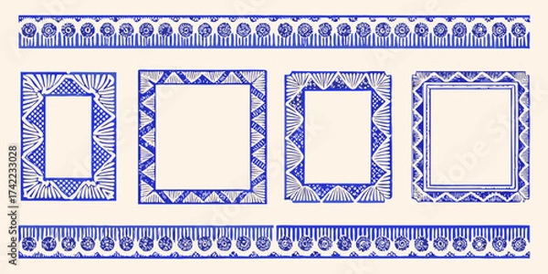 Fototapeta Collection of four decorative blue and white ornamental frames and two horizontal borders with vintage folk art patterns