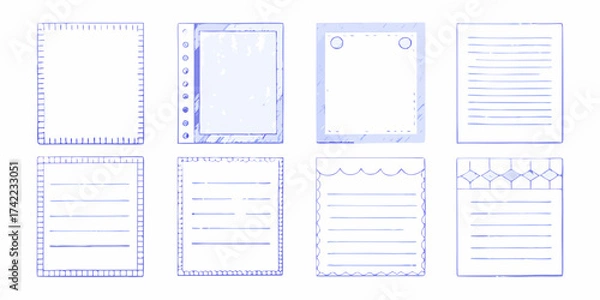 Fototapeta Collection of eight hand drawn blue notebook pages and paper frames with different decorative borders and lines