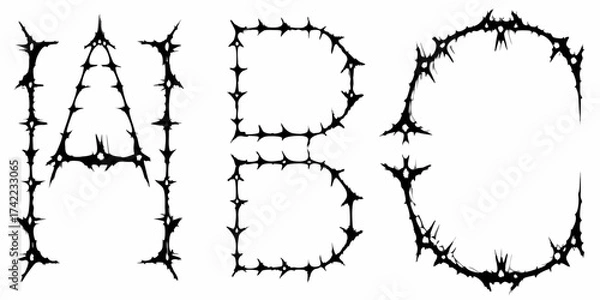 Fototapeta Gothic alphabet letters a b c formed from sharp thorny spikes and barbed wire on white background