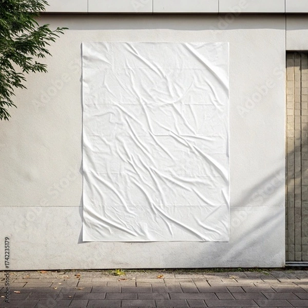 Fototapeta white paper wrinkled poster template ,blank glued creased paper sheet mockup.white poster mockup on wall. empty paper mockup..