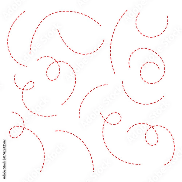Obraz Abstract Curved Dotted Swirl Line. Hand drawn curve dotted line vector set. Long squiggle dashed collection. Dotted Spiral Curve Line.