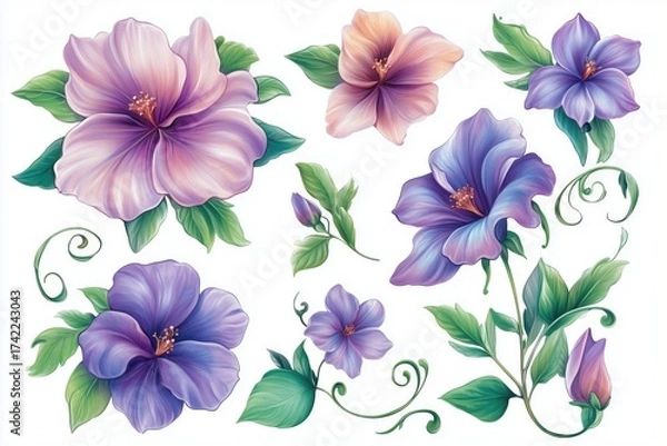 Fototapeta Hibiscus Blooms: A captivating collection of vibrant hibiscus blossoms, showcasing their delicate petals and intricate details. This image highlights the beauty and grace of these tropical flowers.