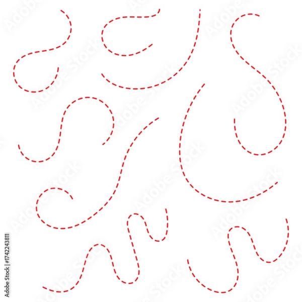 Obraz Abstract Curved Dotted Swirl Line. Hand drawn curve dotted line vector set. Long squiggle dashed collection. Dotted Spiral Curve Line.