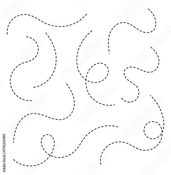 Obraz Abstract Curved Dotted Swirl Line. Hand drawn curve dotted line vector set. Long squiggle dashed collection. Dotted Spiral Curve Line.