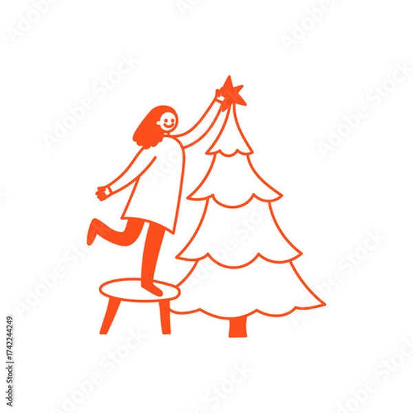 Fototapeta Vector illustration in simple hadn drawn style, in trendy playful whimsical quirky style, for Christmas and New Year prints, cards, banners, with funny and friendly mascot and character