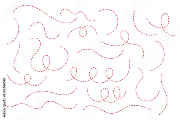 Obraz Hand drawn curve dotted line. Curly dotted line. Long dashed hand drawn squiggle. Dotted spiral curve line.