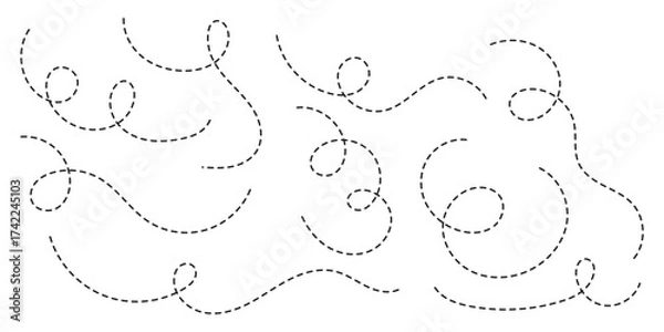Obraz Hand drawn curve dotted line, Spiral dotted line hand drawn, Dotted lines path on white background. Path travel dotted line trip dashed trace destination track plan and silhouette, travelling symbol.