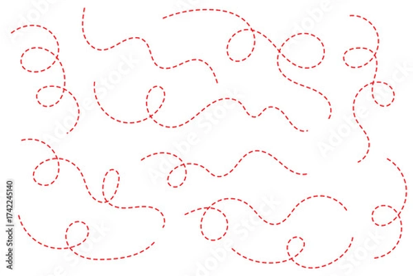 Obraz Hand drawn curve dotted line, Spiral dotted line hand drawn, Dotted lines path on white background. Path travel dotted line trip dashed trace destination track plan and silhouette, travelling symbol.