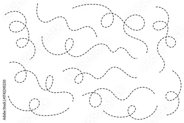 Obraz Hand drawn curve dotted line, Spiral dotted line hand drawn, Dotted lines path on white background. Path travel dotted line trip dashed trace destination track plan and silhouette, travelling symbol.