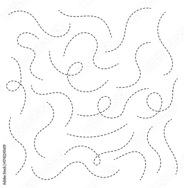 Obraz Hand drawn squiggle loopy line vector icon, abstract curved dotted line, abstract hand drawn dotted line collection. Dotted spiral curve line. Hand drawn curly border. Long squiggle dashed vector
