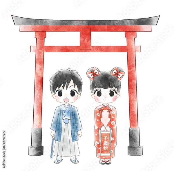 Obraz 七五三のかわいい男の子と女の子の水彩風イラスト