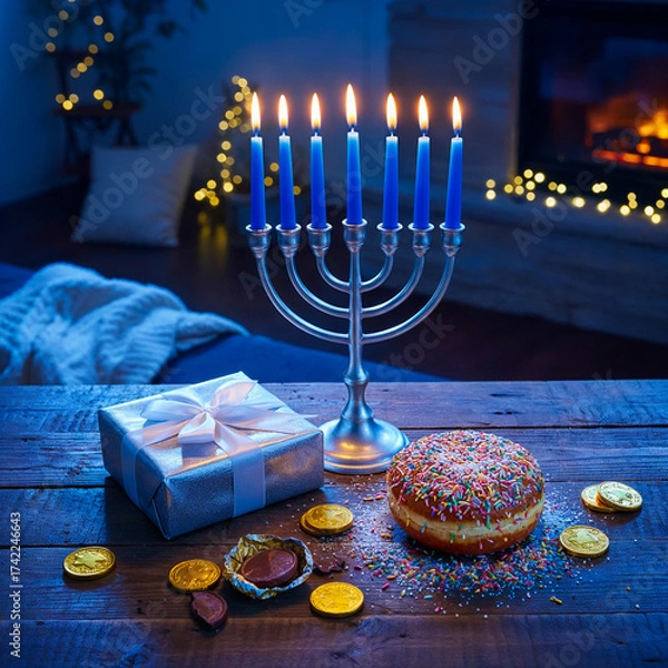 Fototapeta Menorah with Lit Candles Gift and Donut on a Wooden Table during Hanukkah