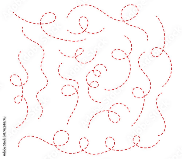 Obraz Hand drawn curve dotted line, Spiral dotted line hand drawn, Dotted lines path travel, dotted line trip dashed trace destination track plan and silhouette, travelling symbol. Vector illustration