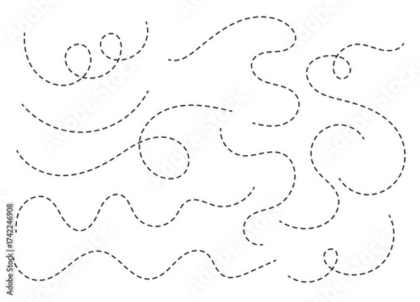 Obraz Hand drawn curve dotted line, Spiral dotted line hand drawn, Dotted lines path travel, dotted line trip dashed trace destination track plan and silhouette, travelling symbol. Vector illustration