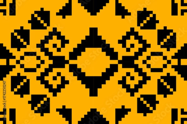 Fototapeta Seamless pixel art tribal pattern with bold black motifs on orange background, ideal for digital textiles, retro fashion, and ethnic-inspired designs.