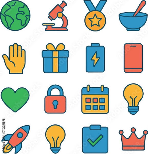 Fototapeta Vibrant flat icons of world celebration, gifting, and unity. Perfect for event posters, websites, festivals, and global appreciation designs.
