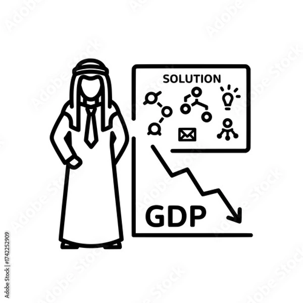 Fototapeta Arab man presenting a solution to declining GDP with a graph.