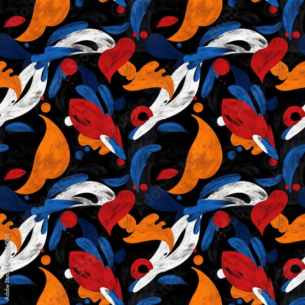 Fototapeta Abstract Pattern: A vibrant abstract pattern in a unique and colorful design, where fluid shapes dance against the dark canvas, creating a dynamic interplay of form and hue.