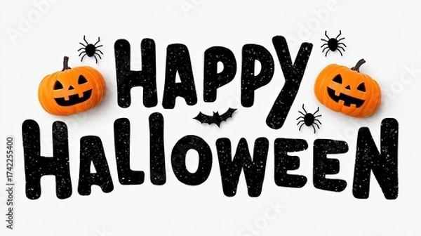 Fototapeta Happy Halloween Vector Banner with Hanging Pumpkins and Spiders, Flat Design on Transparent Background