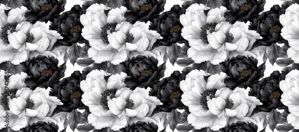 Fototapeta Monochrome Floral Pattern: A captivating monochrome floral pattern. Featuring delicate blooms in a striking design. Perfect for textile design, background or wallpaper.