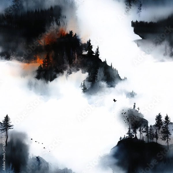 Fototapeta Abstract Mountain Landscape: An artistic display of mountains, sky and nature rendered in an abstract style evoking tranquility, serenity and peace. 