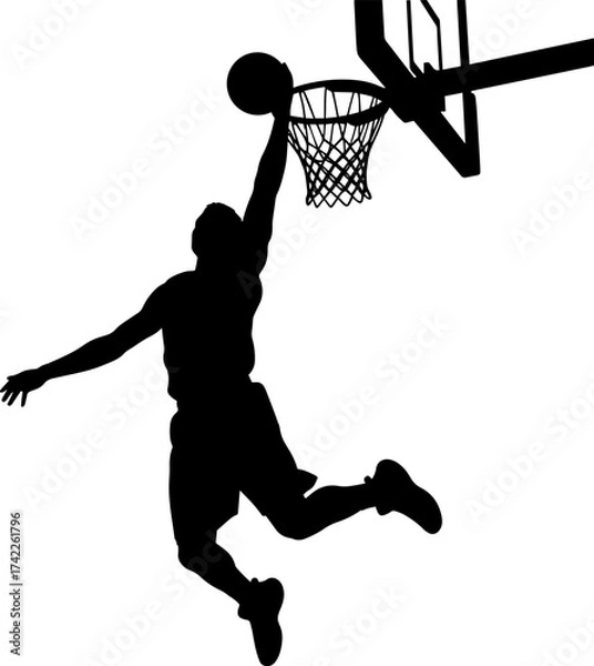 Obraz Silhouette of a basketball player performing a powerful slam dunk against a white background