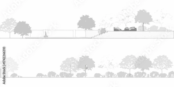 Fototapeta Architectural elevation and landscape design of a modern minimalist house surrounded by trees and plants