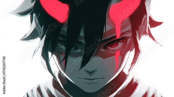 Fototapeta A stylized, close-up digital portrait of a youth with menacing glowing red horns, eyes, and accents