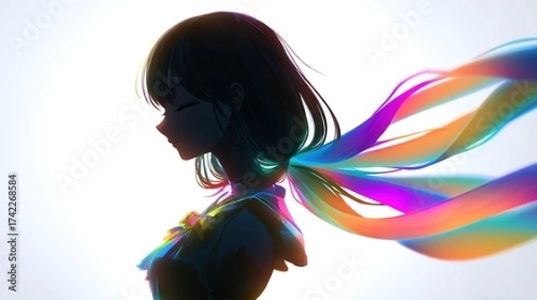 Fototapeta Silhouette of a young woman with long hair flowing into a colorful rainbow, set against a bright light