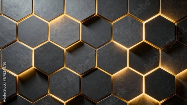 Obraz A close-up view of a modern, textured surface featuring hexagonal patterns with glowing golden edges against a dark background.