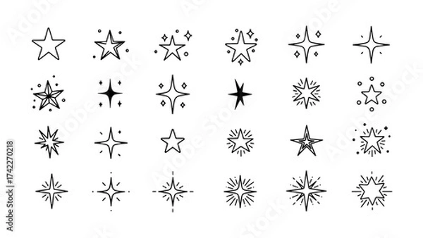 Fototapeta Vector collection of twenty four hand drawn star illustrations in black on transparent background